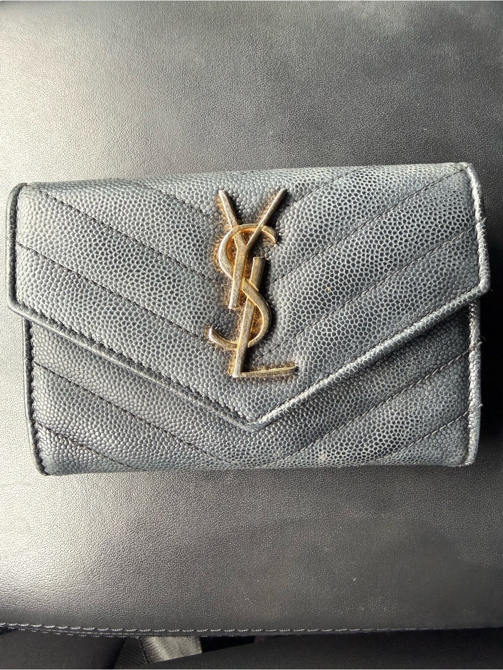 Saint Laurent Black Quilted Chevron Compact Wallet with Gold YSL Emblem